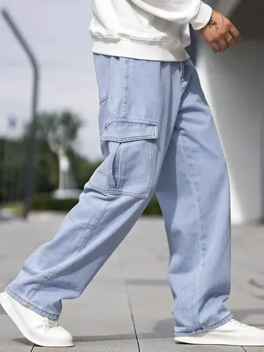 Calça Cargo Jeans Larga Bolsos Lateral Streetwear Skatista