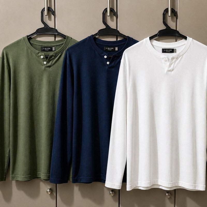 Kit Com 3 Camiseta Henley Slim Manga Longa (P ao G)