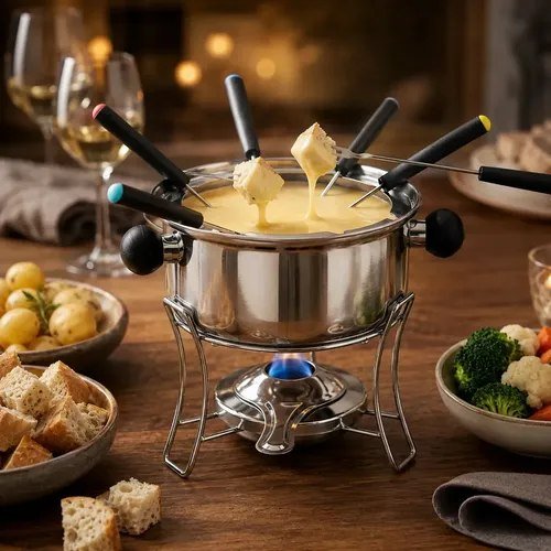 Kit Fondue 10 Peças Inox Jogo De Panelas 1l Para 6 Pessoas Para Queijo Chocolate Com Garfos E Suporte Tattoo Style