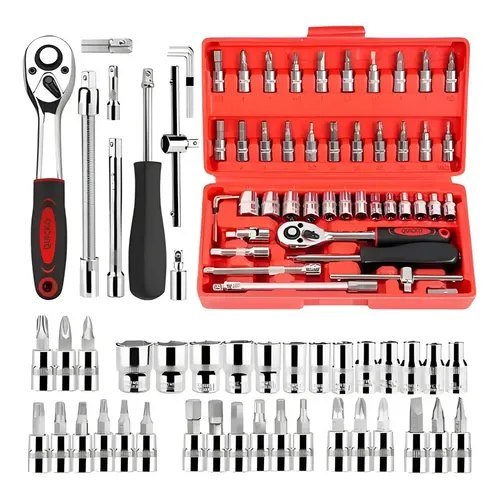Combo Jogo Kit Ferramentas Profissional 46 Peças Chave Fenda Philips Soquete 1/4 Em Aço Crv Resistente Completo Para Manutenção Carro Moto Casa