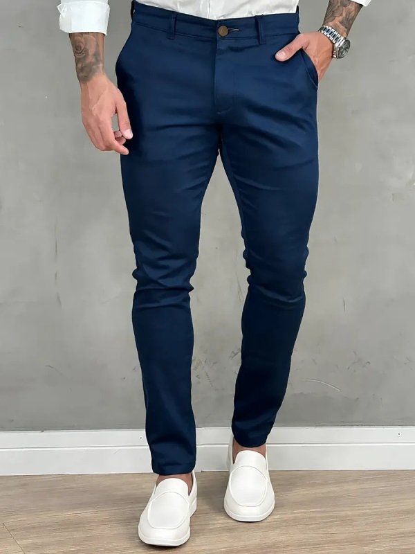 Calça Masculina Sarja Premium Social Esport Fino Bolso Lycra Azul-marinho Liso