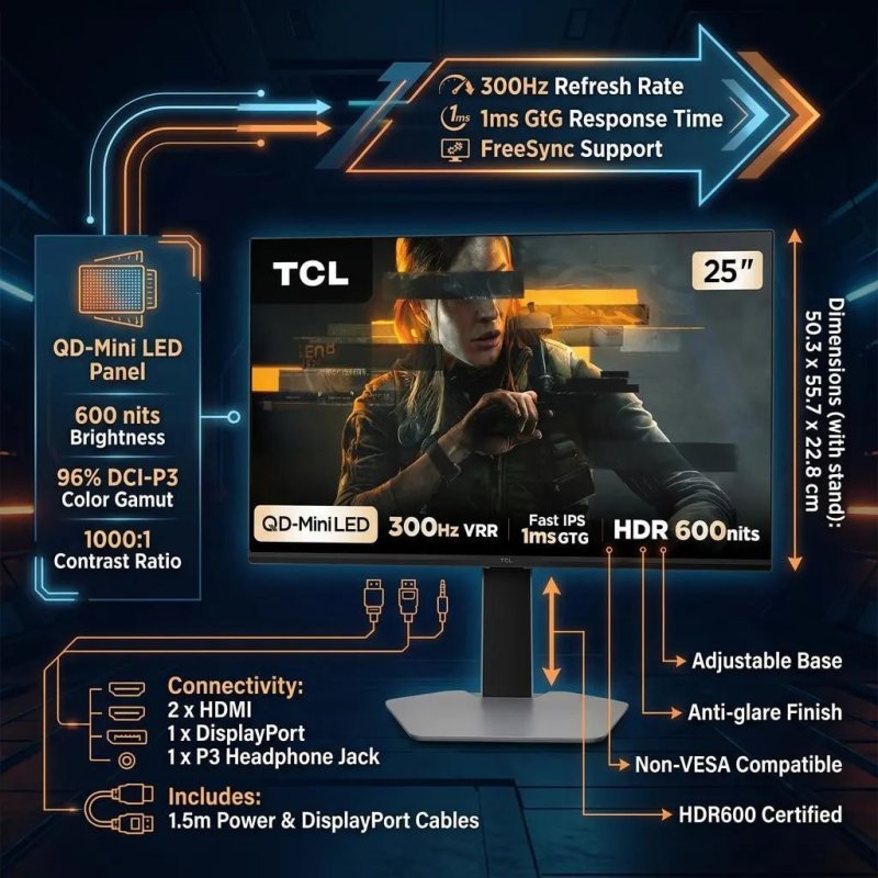 TCL 25 polegadas QLED Mini LED Full HD 300Hz 1ms Freesync
