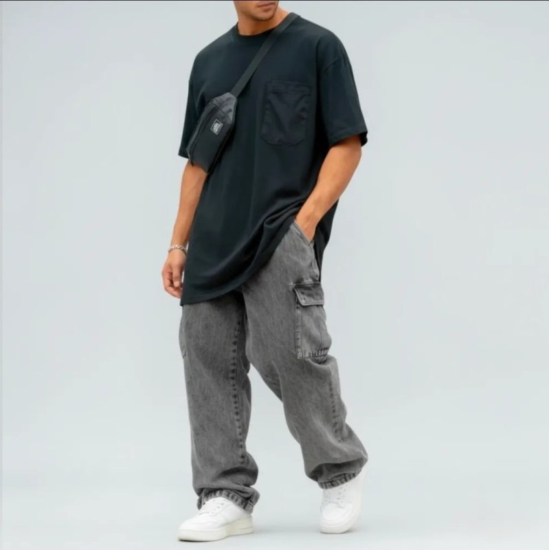 Calça Jeans Cargo Masculina Streetwear Preta Mescla