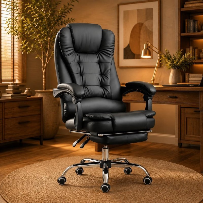 Cadeira de Escritório Ergonômica Presidente com Apoio de Pés Preta