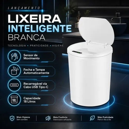 Lixeira Inteligente Automática Branca Com Sensor Anti Odor 16l Recarregável Usb Abre Sozinha