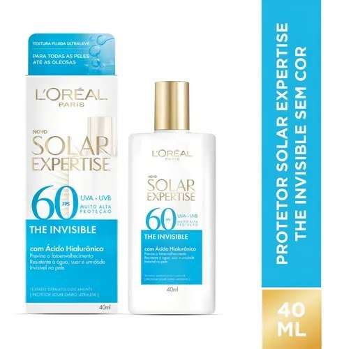Protetor Solar Facial FPS 60 Antifotoenvelhecimento com Ácido Hialurônico, Textura Leve e Resistente à Água, Sem Cor, Solar Expertise L'Oréal Paris 40g