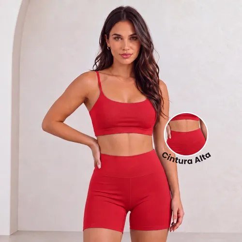 Conjunto Top Shorts Academia Fitness Virginia Cintura Alta Vermelho Liso G
