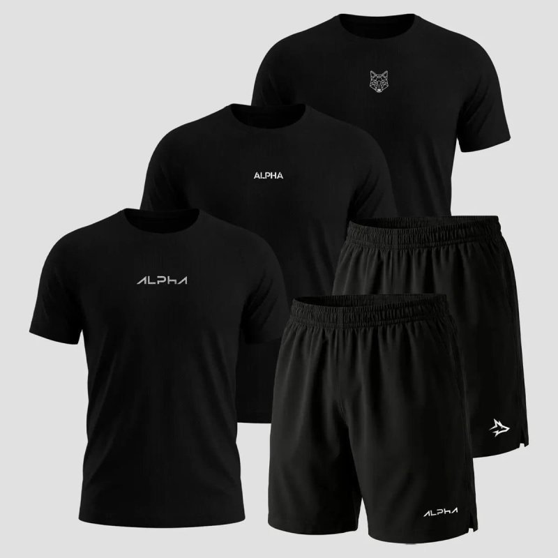 Kit 5 Peças All Black Dry 3 Camisetas e 2 Bermudas Alpha