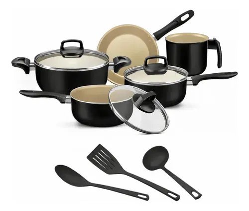 Jogo De Panelas 8 Peças Teflon Antiaderente C Tampa De Vidro Cor Preto/bege Alumínio Imperial Elegant
