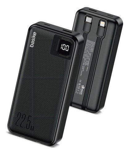 Power Bank Basike 20000mAh Preto, Carga Rápida 22.5W para iPhone e Samsung, com Cabos Embutidos e Display