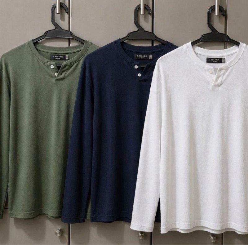 Kit 3 Camiseta Henley Masculina Slim 2 Botões Manga Longa
