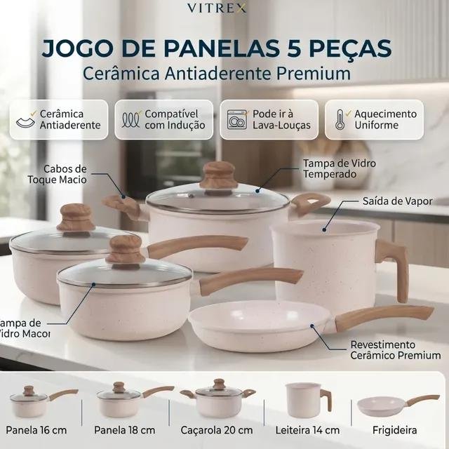 Jogo De Panelas Cerâmico Triplo Indução Vitrex Ecoglid 5 Peças Cor Baunilha