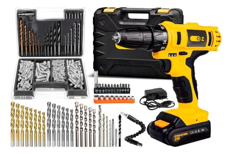 Parafusadeira Furadeira De Impacto 21v Pb6500k Oz Com Kit Brocas E Buchas 300 Peças