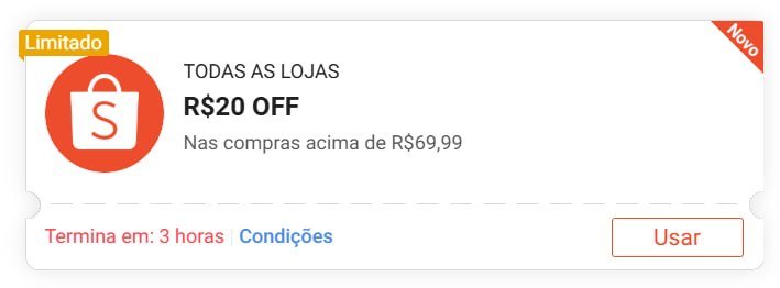 Cupom Shopee R$20 OFF em R$69