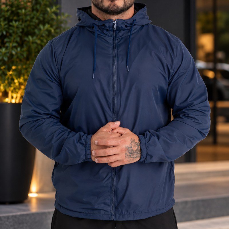 Jaqueta Corta Vento Liso Unissex Esportivo Capuz E Bolsos Azul-marinho M