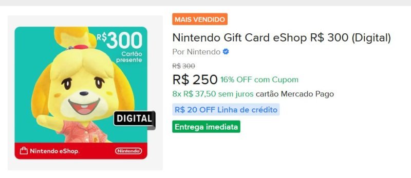 Nintendo Gift Card eShop R$ 300 (Digital)