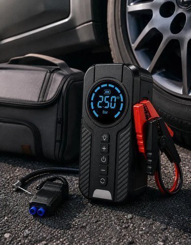 Auxiliar De Partida Para Carro Compressor De Ar Portátil 12V 4 funções em 1 Inflador Digital Calibrador De Pneu Power Bank Lanterna LED Emergência Automotiva Moto Suv Bicicleta Cam