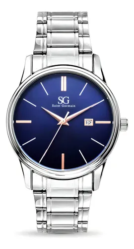 Relógio Masculino Clássico Pulseira Prata Correia Prateada Bisel Prateado Fundo Azul Marinho Saint Germain 42mm