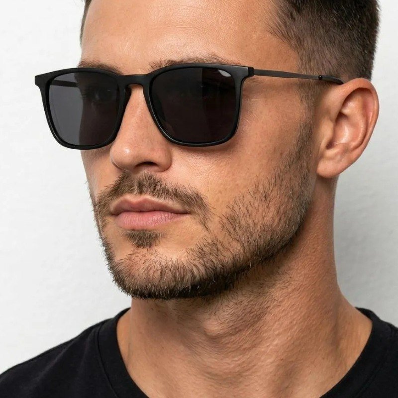 Óculos Sol Quadrado Masculino Leaf Metal Acetato Proteção Uv Armação Preta/ Lente Preta