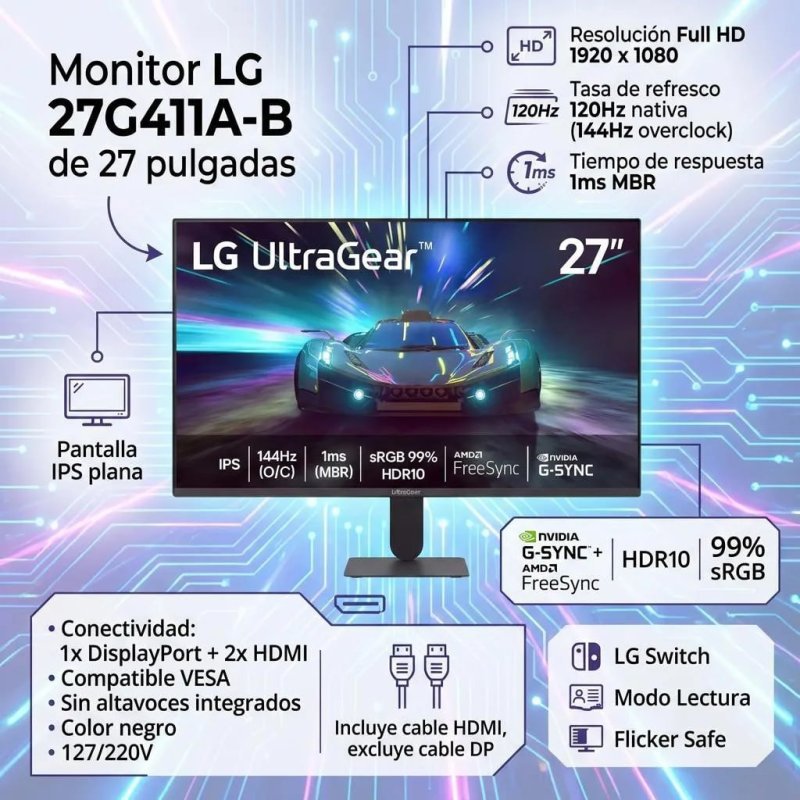 LG UltraGear 27" IPS 144Hz 1ms Full HD - G-SYNC FreeSync - Preto