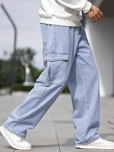 Calça Cargo Jeans Larga Bolsos Lateral Streetwear Skatista