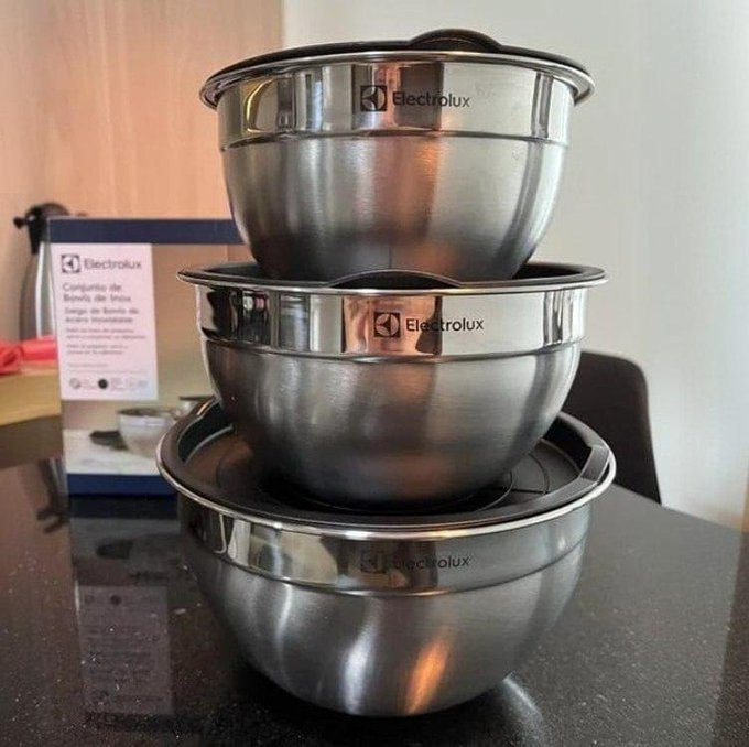 Conjunto com 03 Bowls Tigelas de Inox c/ Tampa Electrolux