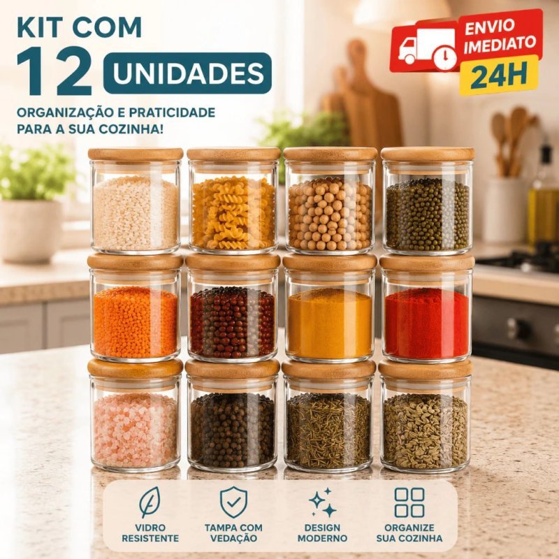 Kit 12 Potes de Vidro 200ml com Tampa de Bambu Hermético Mantimentos Tempero Condimentos Empilháveis