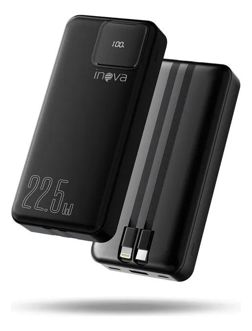 Power Bank Inova 20.000mAh Portátil Rápido com Cabos Integrados USB-C/iOS