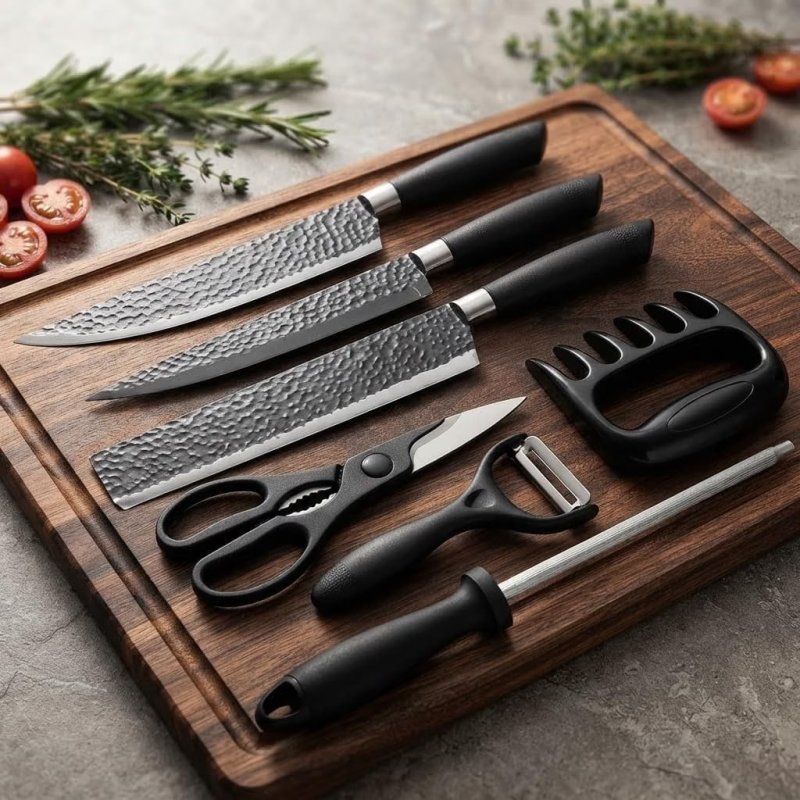 Kit Churrasco 8 Peças Profissional Maleta Lâminas Marteladas Preto