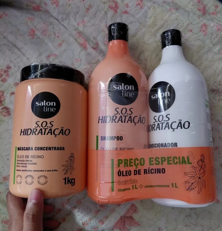 Kit Shampoo e Condicionador 1L + Máscara 1kg SOS Hidratação com Óleo de Rícino