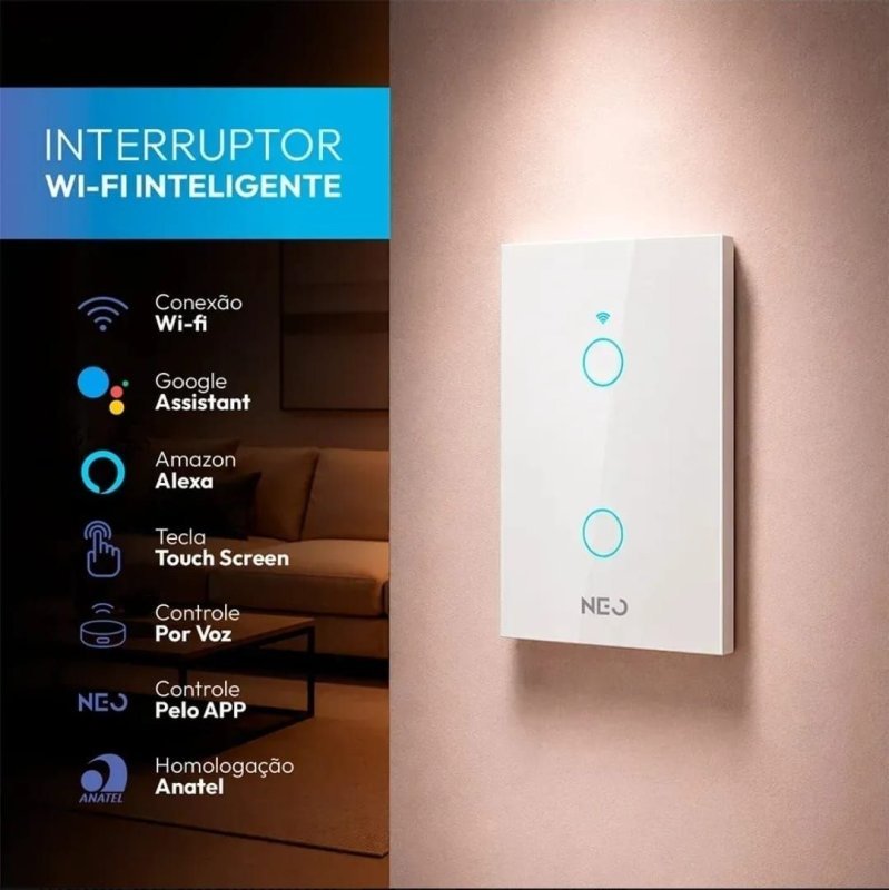 Interruptor Inteligente Smart Wi-fi 2.4 GHz Alexa google 2 Botões