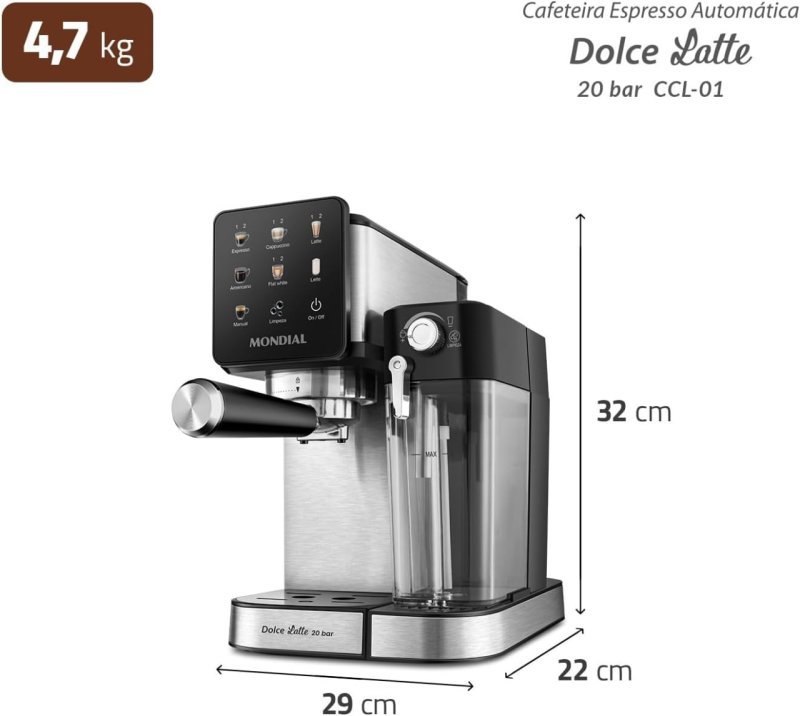 MONDIAL Cafeteira Espresso Automática Dolce Latte 20 bar - Preto/Inox