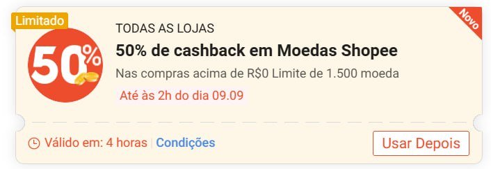 Cupom Shopee - 50% de cashback