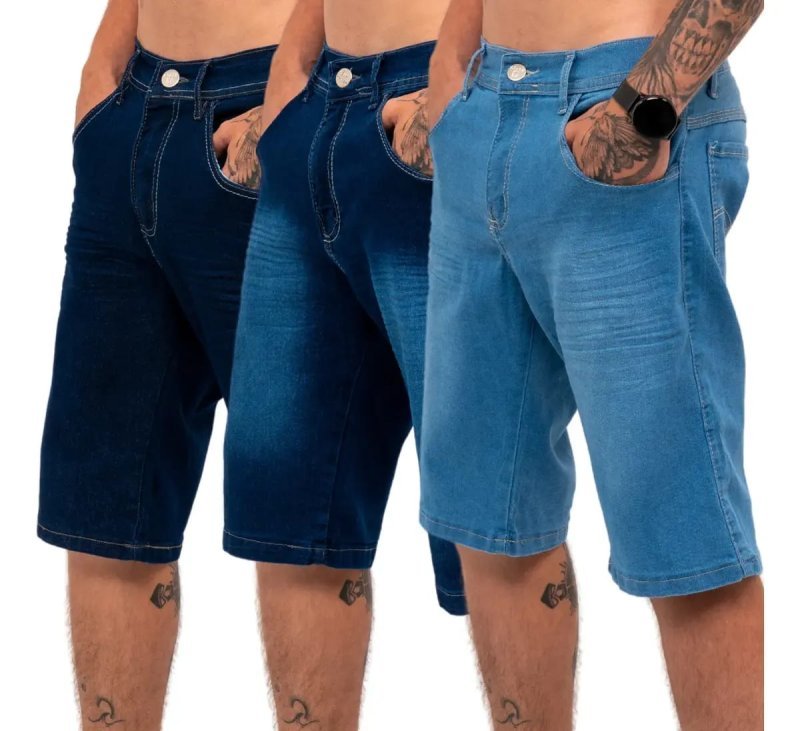 Kit 3 Bermudas Jeans Masculina Lycra Elastano