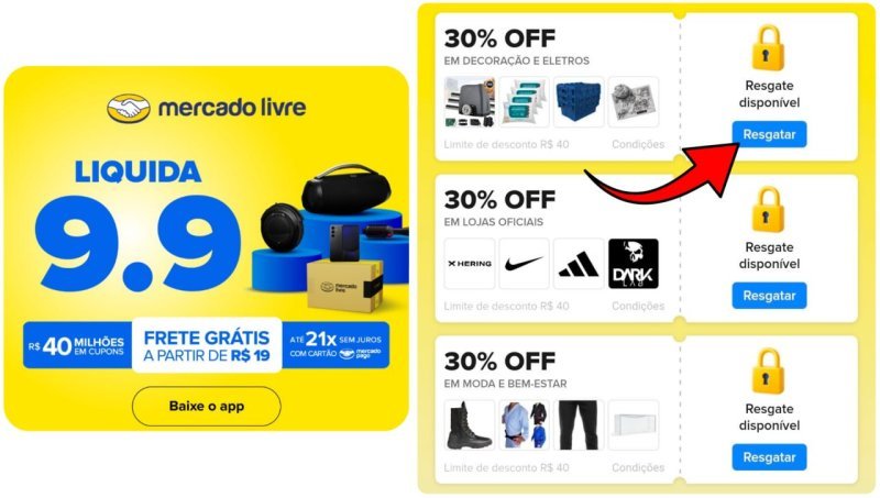 Cupons 30% OFF disponíveis no Mercado Livre