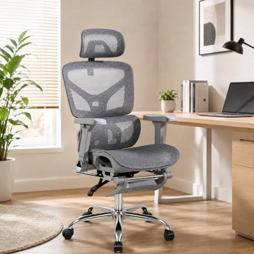 Cadeira Ergonômica de Malha Respirável para Escritório, Braços Ajustáveis, Suporte Lombar Regulável, Inclinação de 135 Graus para Home Office (cinza)