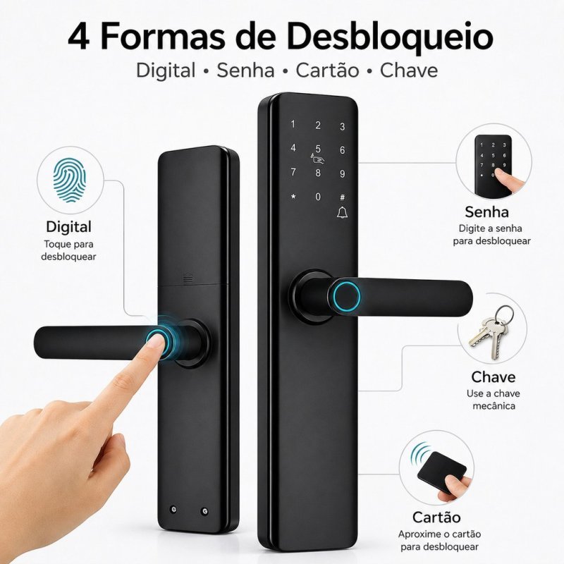 Fechadura Digital 22 × 160 mm Inteligente Tuya Biométrica Senha Cartão e Chave Mecânica
