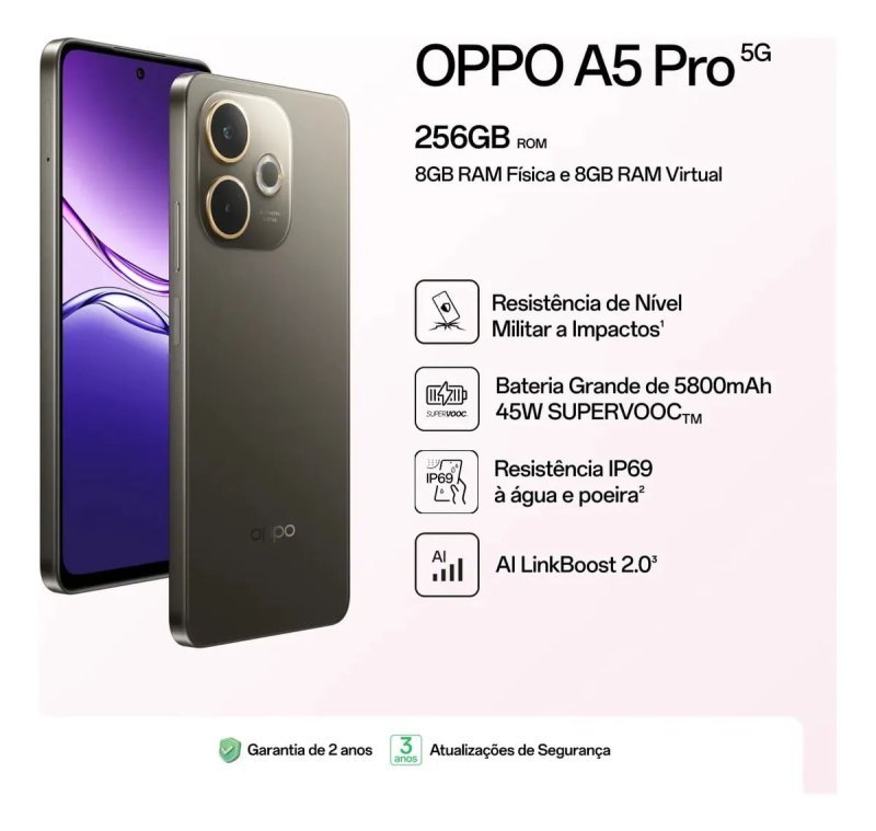 Smartphone OPPO A5 Pro 5G 256GB 8GB Física e 8GB RAM Virtual Bateria 5800 mAh Câmera AI 50MP NFC IP69 Marrom Chocolate