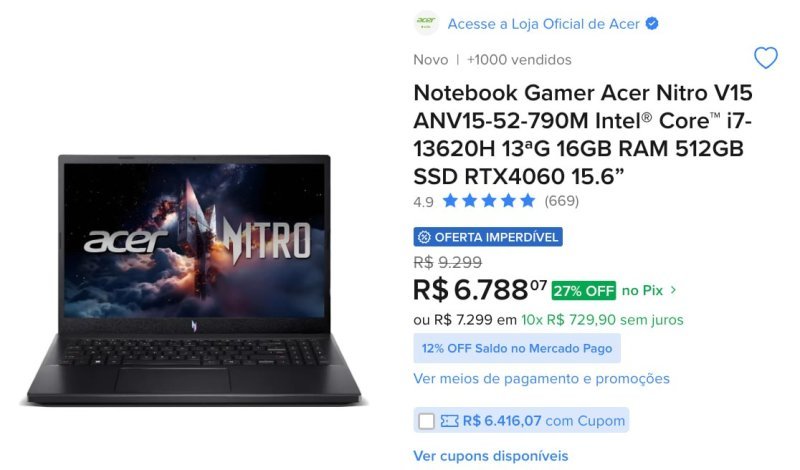 Acer Nitro V15 - 512GB 16GB RAM - Core i7-13ª Geração - RTX 4060