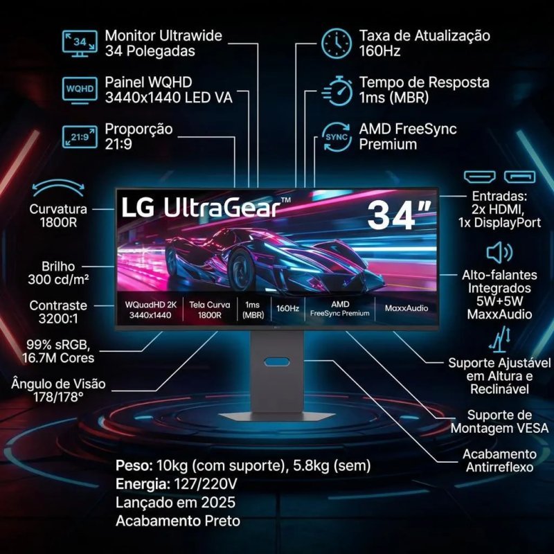 LG UltraGear 34" Curvo QuadHD UltraWide 160Hz 1ms - Preto