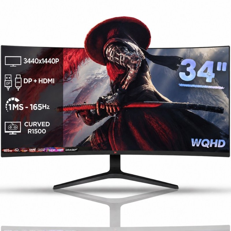 Monitor Gaming Curvo R1500 - 34 Polegadas Ultrawide Led 165hz 1ms WQHD Borda Fina Conexão Hdmi e Dp