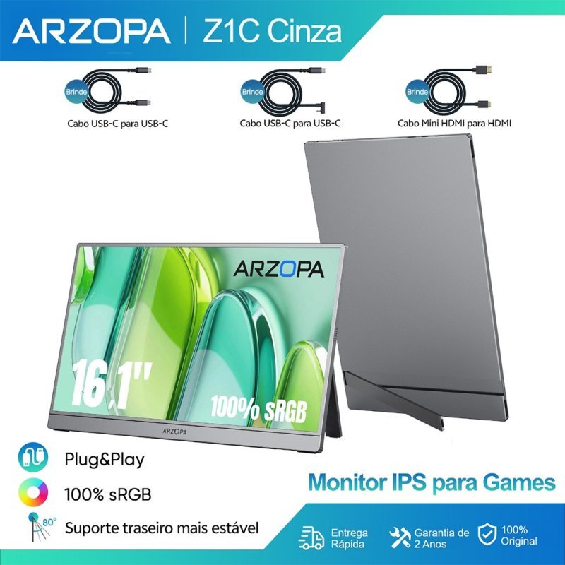 Arzopa Z1C Cinza - Monitor Portátil Com Suporte 100 % sRGB De 16.1 " , 1080P FHD