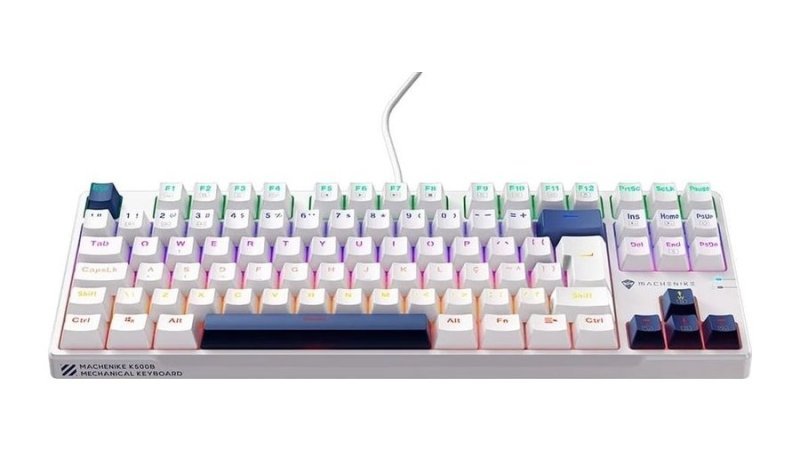 Teclado Mecânico Gamer Machenike K500B-B87 RGB, Switch RED, Layout 80%, Usb-C, Abnt2, Branco E Azul REF JJ02GZ009
