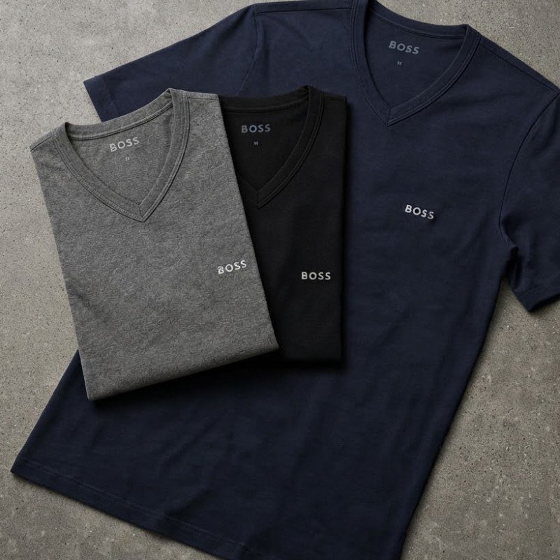 Kit Camisetas Hugo Boss Gola V Cinza/Azul Marinho/Preto 3un (P ao GGG)