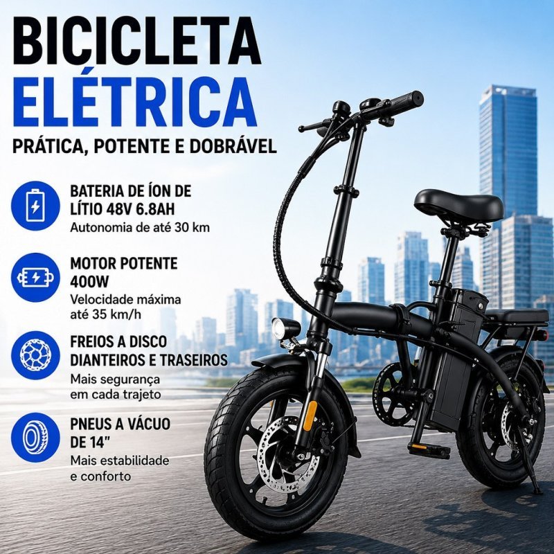Bicicleta Elétrica Dobrável 400W 48V Bateria de Lítio Removível Até 35km/h