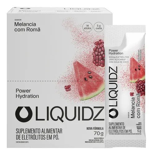 LIQUIDZ® - Eletrólitos Zero Açúcares - Sabor Melancia com Romã - Kit 1 Caixa - 14 sachês
