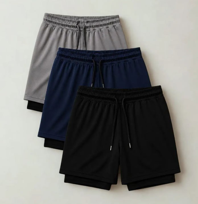 Kit 3 Shorts 2 Em 1 Duplo Academia Treino Corrida Bermuda