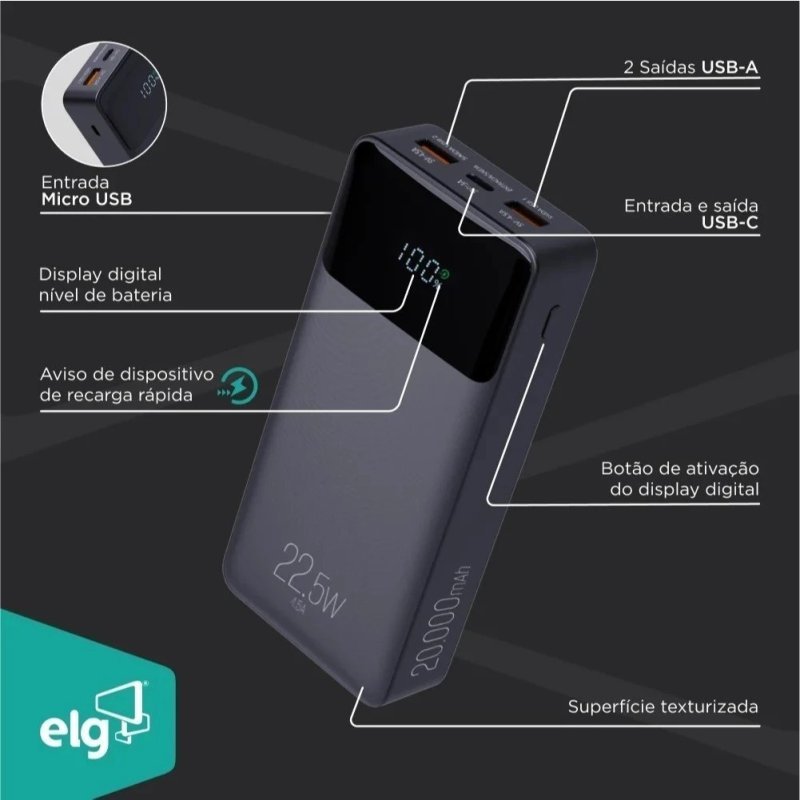 Power Bank Carregador Portátil Pro 20000mAh Elg PB200BK