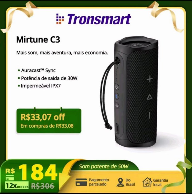 Tronsmart caixa de som Mirtune C3 com Auracast