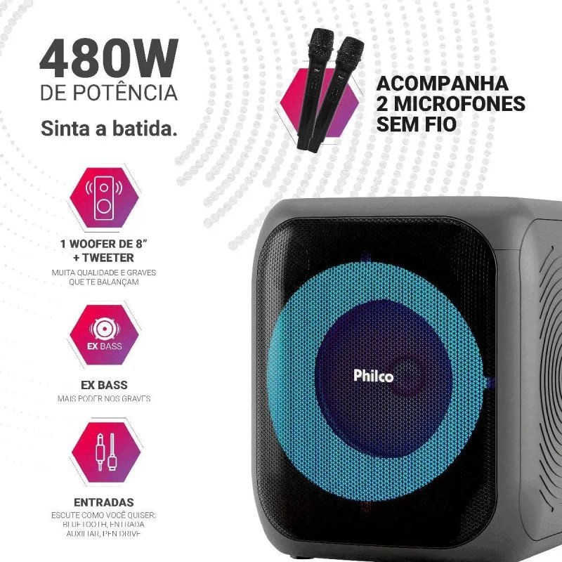 Philco Extreme Bluetooth 5.3 480W - 2 Microfones TWS - Bateria Recarregável